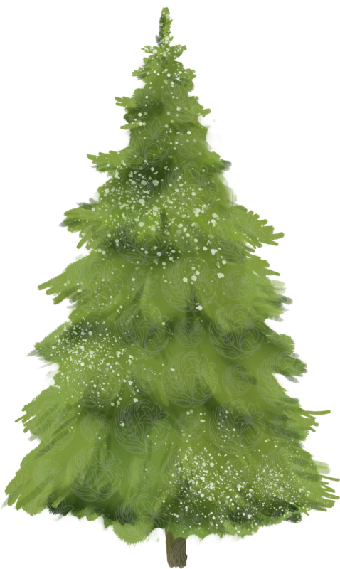 Christmas tree illustrated in soft watercolour with snow flecks, Grey Barn Handwerk, Saskatchewan.